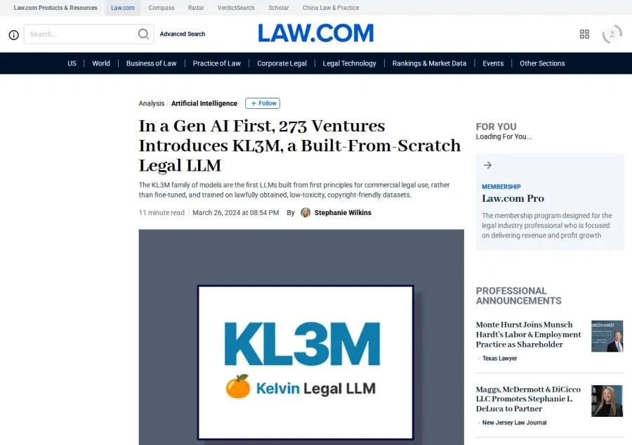 A roundup of media coverage from Legaltech News, Law360, LawNext, and The Geek in Review covering the launch of KL3M, the debate over domain-specific vs. general-purpose models, and the clean data approach to legal AI.