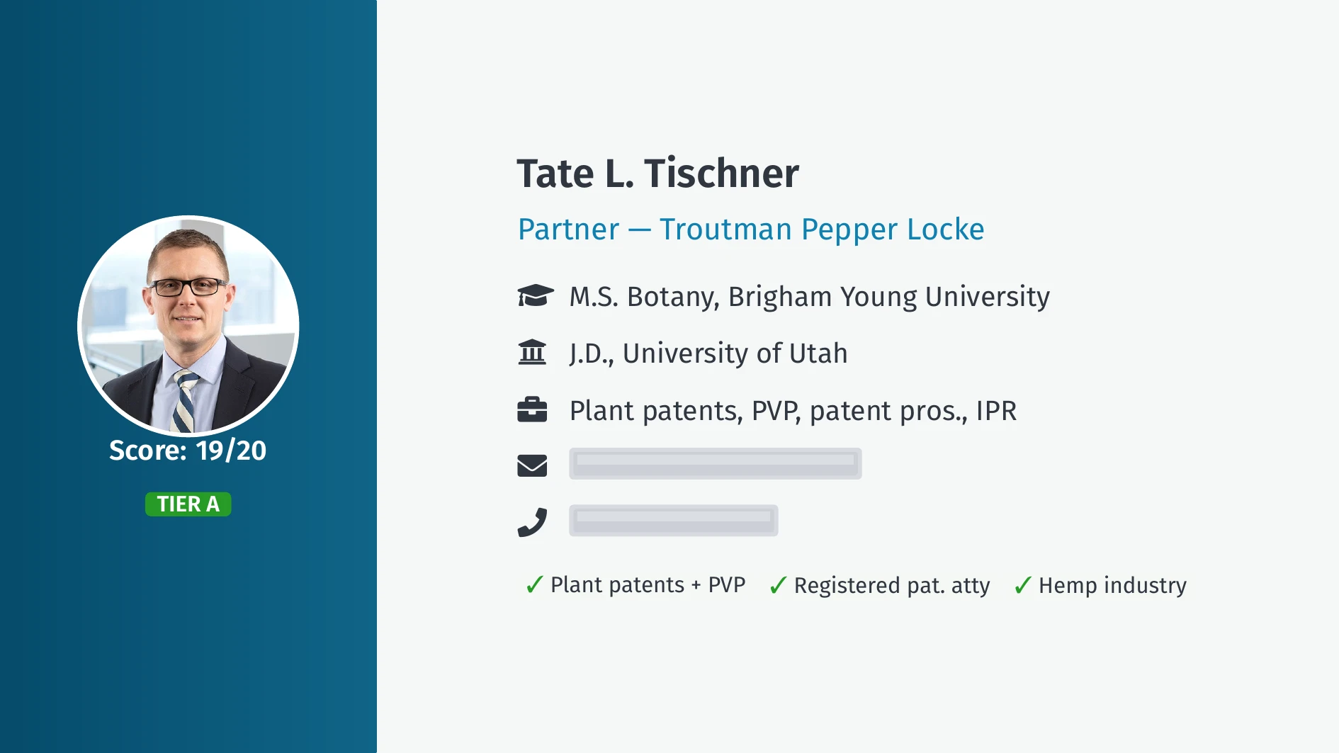 Example profile card with photo, credentials, and scoring