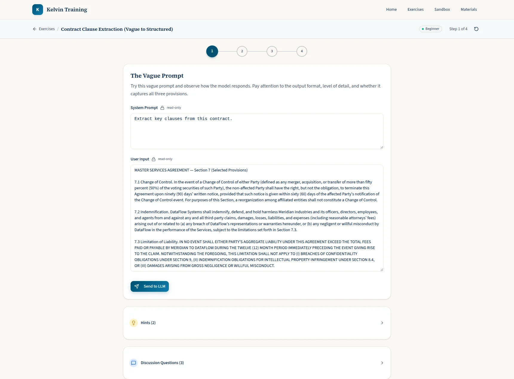 Kelvin Training Platform exercise detail view showing a contract clause extraction exercise with step-by-step prompts and AI model interaction